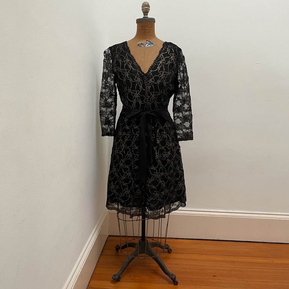 DKNY Sexy Black Dress with Delicate Gold Metallic Lace Detail - Size 10